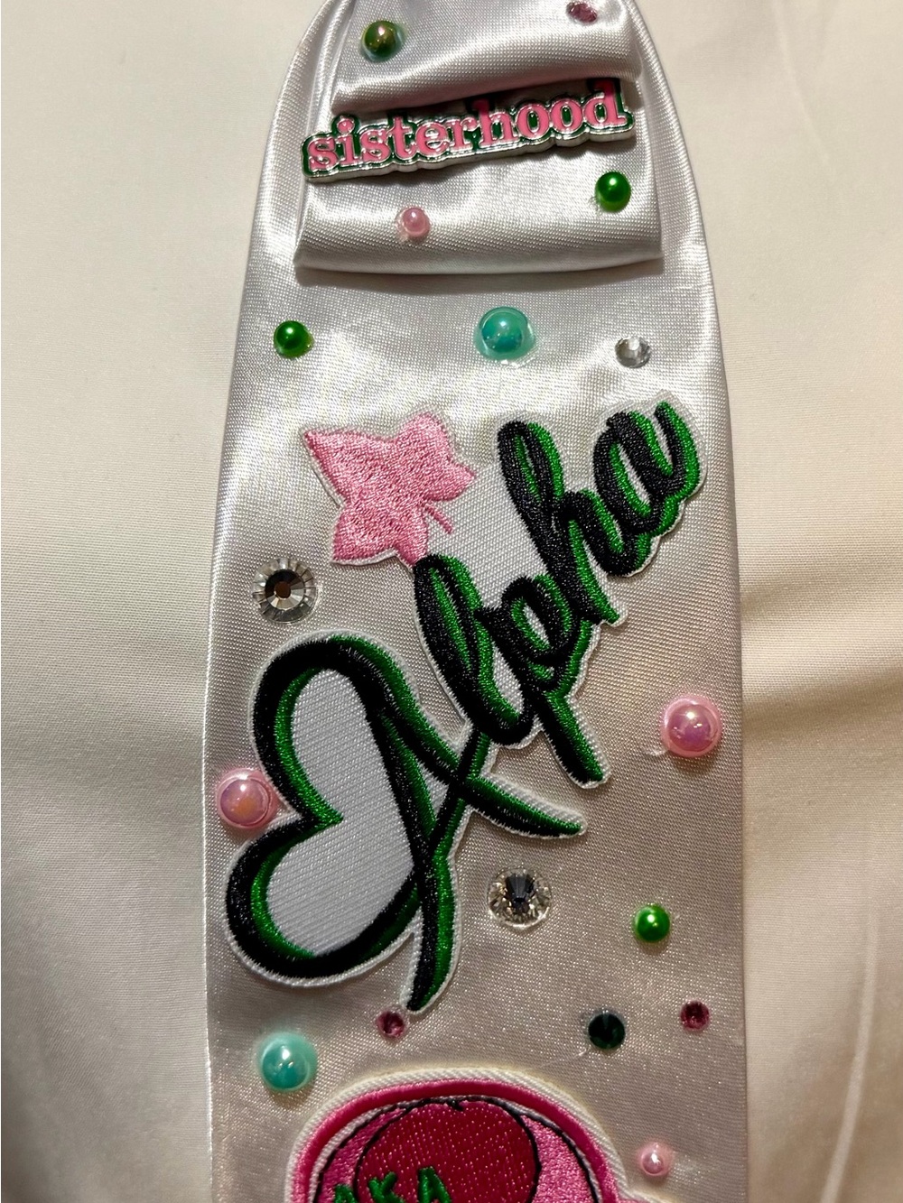Pink & Green 'Alpha' Embroidered Tie Necklace with Sisterhood Applique